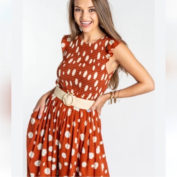 THML Rust Polka Dot Smocked Flutter Sleeve Dress - Picture 2 of 15
